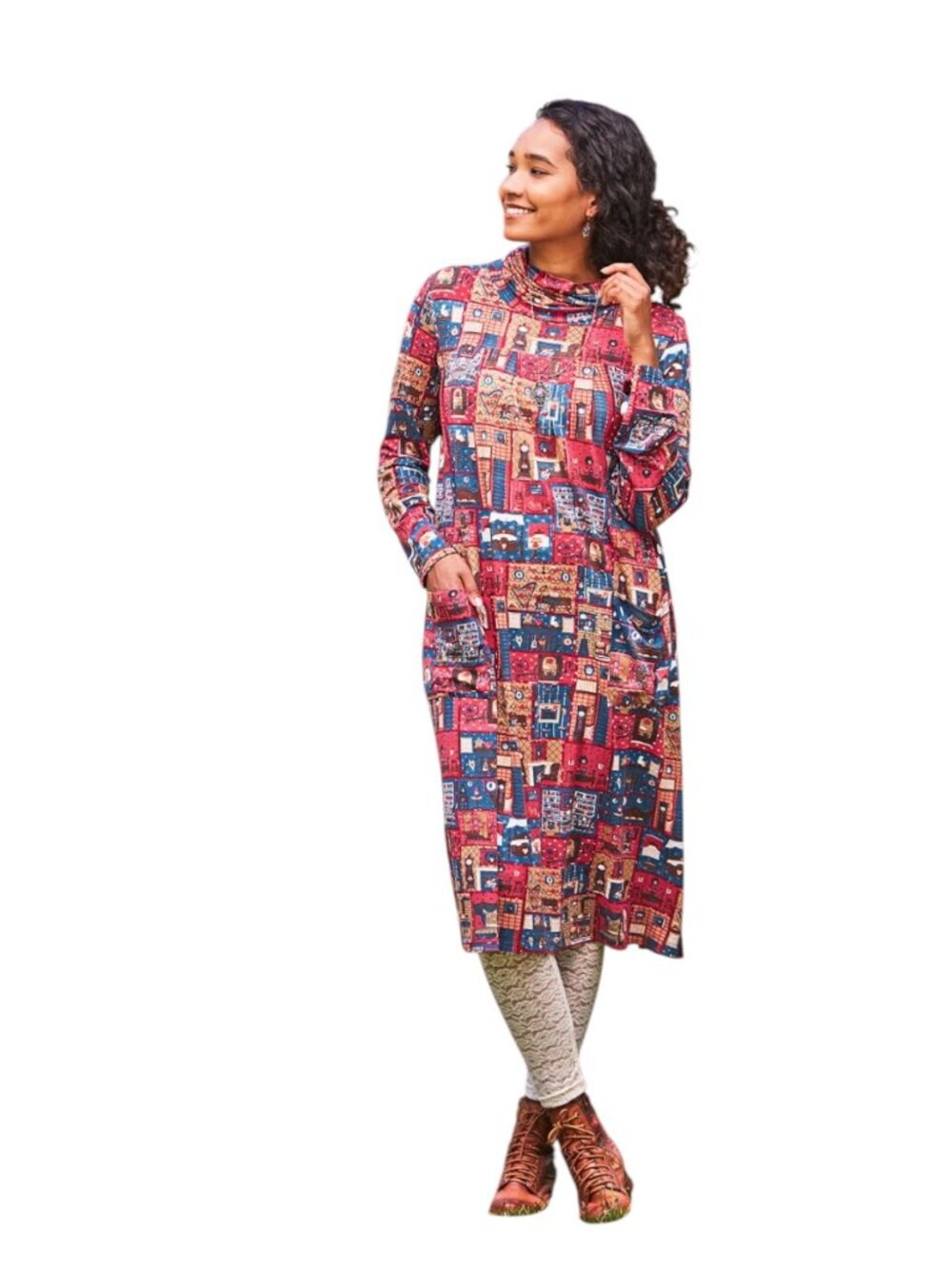 April Cornell Red Blue Patchwork Cowl Neck Long Sleeve Midi Dress